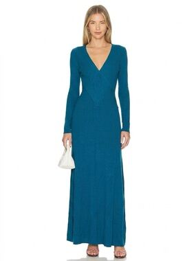 Tome Teal Ribbed V Neck Long Sleeve Maxi Dress Sz Medium Party Designer Cocktail